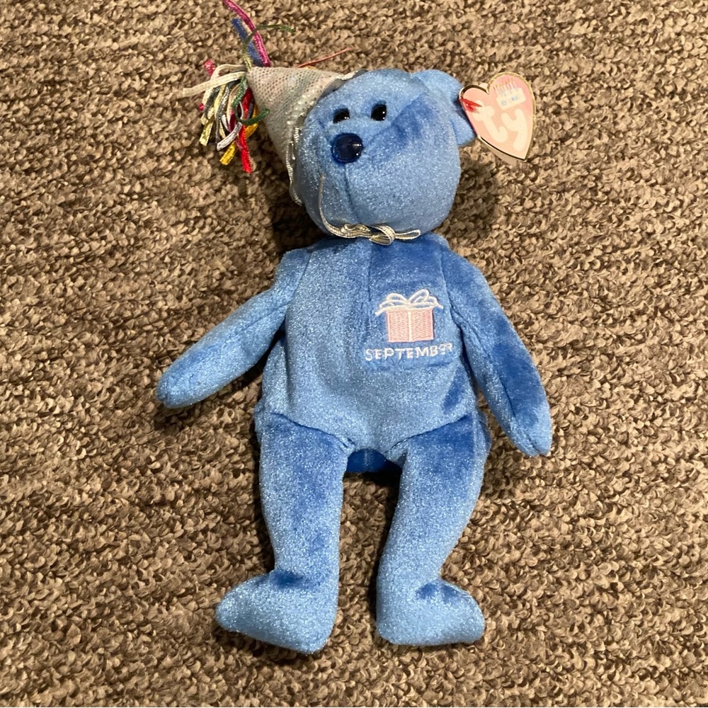 NWT TY Birthday Beanie Baby September bear. Blue wearing party hat